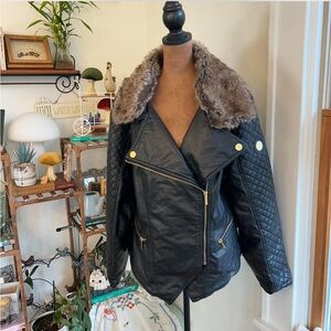 Coogi black pleather jacket with gold hardware & removable faux fur collar